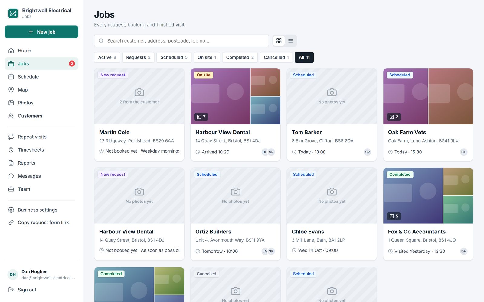 The jobs list on a computer, each job shown with its latest photos